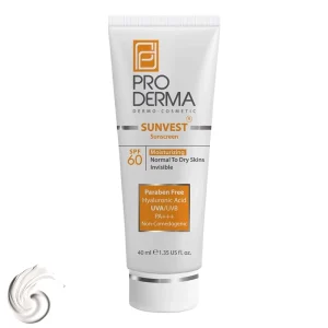 کرم ضد آفتاب و مرطوب کننده بی رنگ پرودرما SPF60 مناسب پوست های معمولی و خشک ۴۰ میلی لیتر